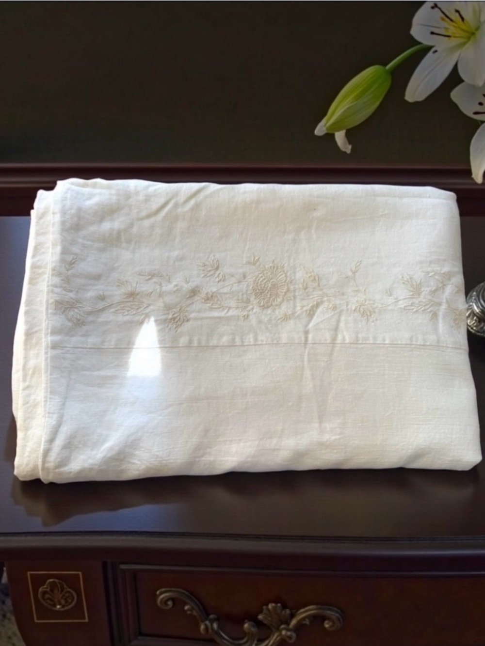 ETHAN ALLEN 100% LINEN Embroidered King Duvet Ivory Cover 95in x 98in